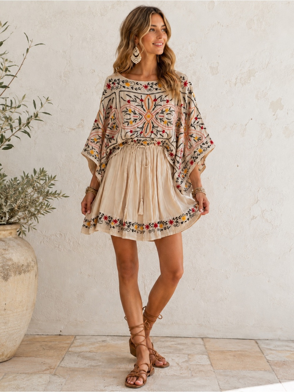 Free People Embroidered Kimono Sleeve Drawstring Dress Size Small